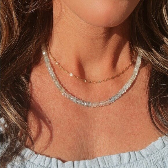 Stunning AQUAMARINE beaded necklace Gold Waterproof Chain non-tarnish Gold - Picture 10 of 14